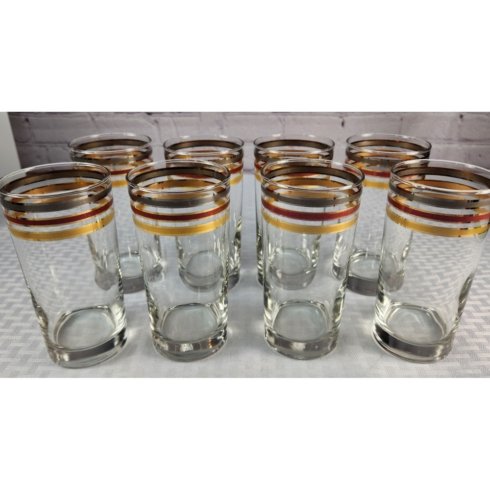 Set Of 8 Culver LTD Gold Banded Rondo 12 Oz. MCM Tall Drinking Bar Glasses 5.5"